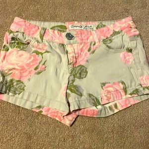 Celebrity pink original denim shorts with flowers